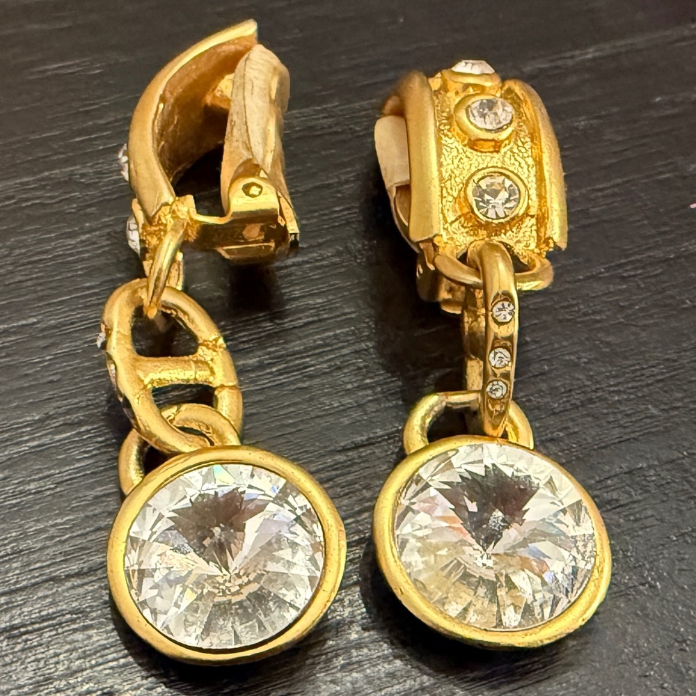 Vintage Vanecci Gold-toned Earrings with Clear Stone Pendants, Clip-on Earrings